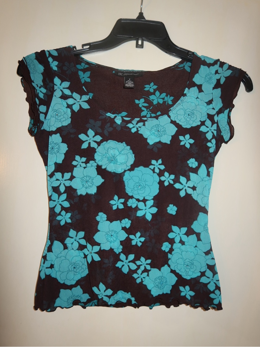 INC International Concepts Brown Tee with Turquoise Floral Print
